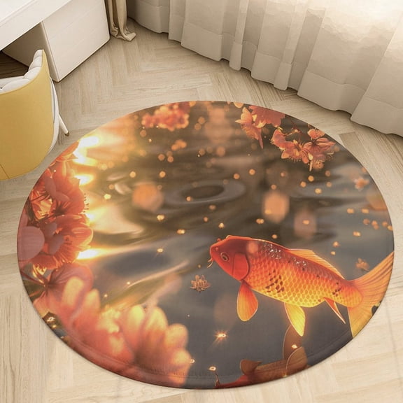 Lucky Koi Fish Lotus Leaf Floral Medallion Round Rug - Small Round Area Rug, Soft Non-Slip Machine Washable Bedroom Mat Indoor Accent Entry Carpet for Office Desk Dorm Hallway