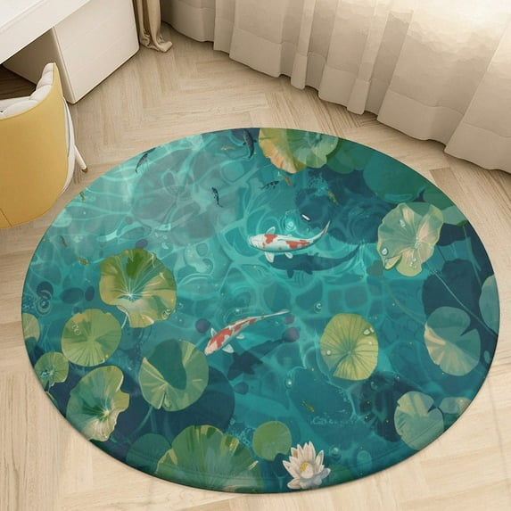 Lucky Koi Fish Lotus Leaf Floral Medallion Round Rug - Small Round Area Rug, Soft Non-Slip Machine Washable Bedroom Mat Indoor Accent Entry Carpet for Office Desk Dorm Hallway
