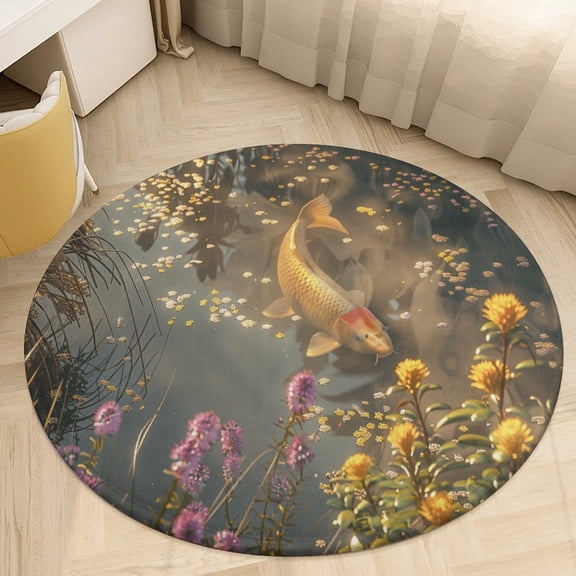 Lucky Koi Fish Lotus Leaf Floral Medallion Round Rug - Small Round Area Rug, Soft Non-Slip Machine Washable Bedroom Mat Indoor Accent Entry Carpet for Office Desk Dorm Hallway