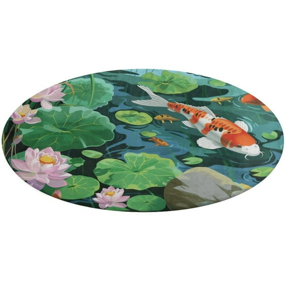Lucky Koi Fish Lotus Leaf Floral Medallion Round Rug - Small Round Area Rug, Soft Non-Slip Machine Washable Bedroom Mat Indoor Accent Entry Carpet for Office Desk Dorm Hallway