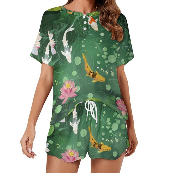 Lucky Koi Fish Lotus Leaf Pajama Set for Women 2 Piece Sleepwear Loungewear Short Sleeve