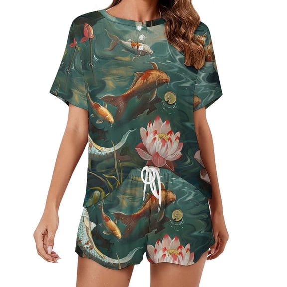 Lucky Koi Fish Lotus Leaf Pajamas Set Womens Loungewear Sleepwear 2 Piece PJ Sets