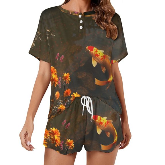 Lucky Koi Fish Lotus Leaf Pajamas Set Womens Loungewear Sleepwear 2 Piece PJ Sets