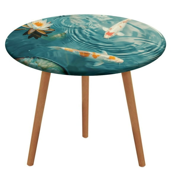 Lucky Koi Fish Lotus Leaf Round Fitted Tablecloth with Flannel Backing Elastic Table Cloth Waterproof Oil-Proof Plastic Table Cover Table Up 40"-54" Diameter)