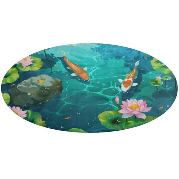 Lucky Koi Fish Lotus Leaf Round Rugs -Washable Non-Slip Small Round Area Rug Throw Soft Circle Rugs for Bedroom, Modern Print Indoor Carpet for Entryway Sofa Living Room