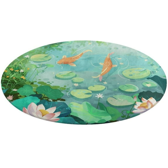 Lucky Koi Fish Lotus Leaf Round Rugs -Washable Non-Slip Small Round Area Rug Throw Soft Circle Rugs for Bedroom, Modern Print Indoor Carpet for Entryway Sofa Living Room