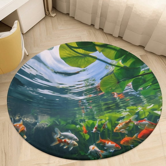 Lucky Koi Fish Lotus Leaf Round Rugs -Washable Non-Slip Small Round Area Rug Throw Soft Circle Rugs for Bedroom, Modern Print Indoor Carpet for Entryway Sofa Living Room