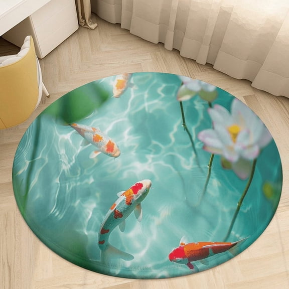 Lucky Koi Fish Lotus Leaf Round Small Area Rug, Print Non Slip Washable Floor Mat, Soft Throw Rug for Living Room, Powder Room Entryway, Bathroom, Bedside