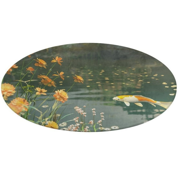 Lucky Koi Fish Lotus Leaf Round Small Area Rug, Print Non Slip Washable Floor Mat, Soft Throw Rug for Living Room, Powder Room Entryway, Bathroom, Bedside