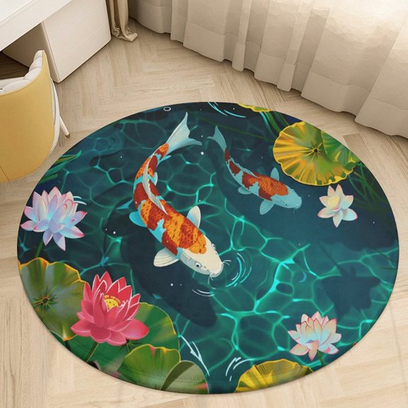 Lucky Koi Fish Lotus Leaf Round Small Area Rug, Print Non Slip Washable Floor Mat, Soft Throw Rug for Living Room, Powder Room Entryway, Bathroom, Bedside