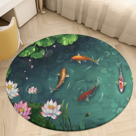 Lucky Koi Fish Lotus Leaf Round Small Area Rug, Print Non Slip Washable Floor Mat, Soft Throw Rug for Living Room, Powder Room Entryway, Bathroom, Bedside