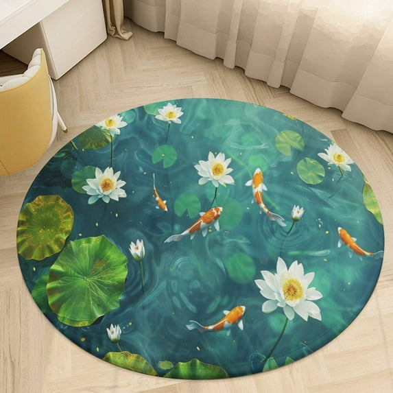 Lucky Koi Fish Lotus Leaf Round Small Area Rug, Print Non Slip Washable Floor Mat, Soft Throw Rug for Living Room, Powder Room Entryway, Bathroom, Bedside