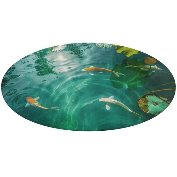 Lucky Koi Fish Lotus Leaf Round Small Area Rug, Print Non Slip Washable Floor Mat, Soft Throw Rug for Living Room, Powder Room Entryway, Bathroom, Bedside