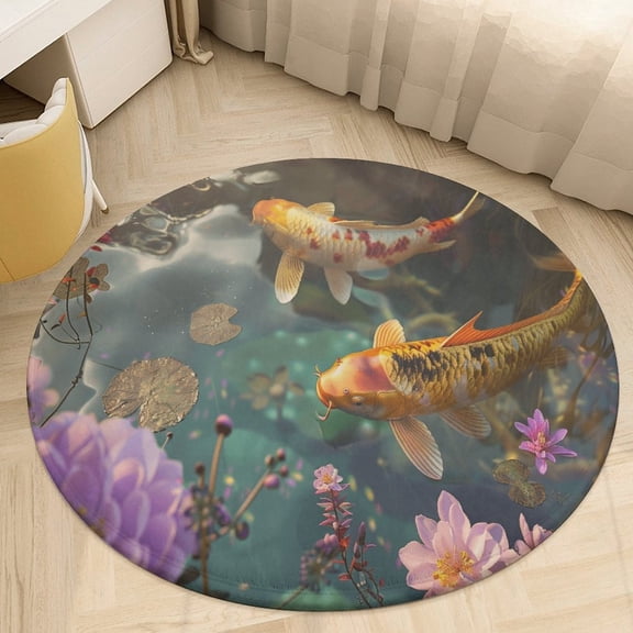 Lucky Koi Fish Lotus Leaf Round Small Area Rug, Print Non Slip Washable Floor Mat, Soft Throw Rug for Living Room, Powder Room Entryway, Bathroom, Bedside