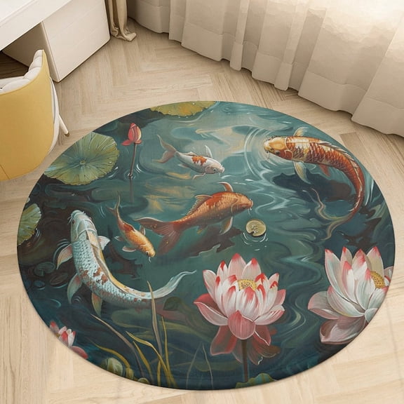 Lucky Koi Fish Lotus Leaf Soft Bedroom Round Area Rug, Washable Cute Nursery Circle Throw Mat, Non-Slip Contemporary Small Low Pile Floor Carpet for Dorm Bedside