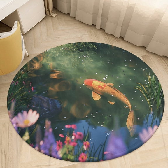 Lucky Koi Fish Lotus Leaf Soft Bedroom Round Area Rug, Washable Cute Nursery Circle Throw Mat, Non-Slip Contemporary Small Low Pile Floor Carpet for Dorm Bedside