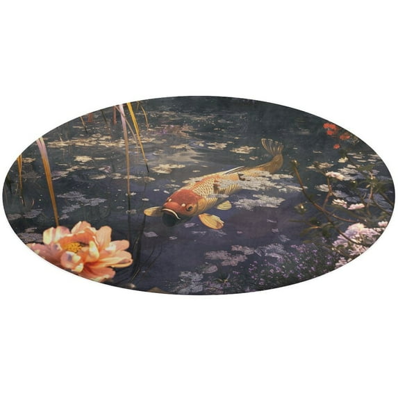 Lucky Koi Fish Lotus Leaf Soft Bedroom Round Area Rug, Washable Cute Nursery Circle Throw Mat, Non-Slip Contemporary Small Low Pile Floor Carpet for Dorm Bedside
