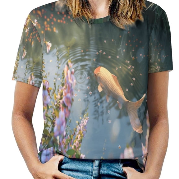 Lucky Koi Fish Lotus Leaf T Shirts Basic T-Shirt Short Sleeve Ladies Tee Shirt Summer Graphic Clothing