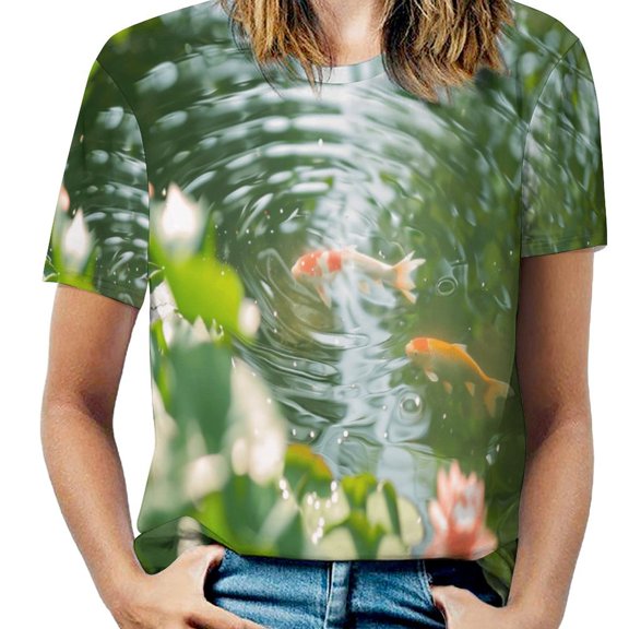 Lucky Koi Fish Lotus Leaf T Shirts Basic T-Shirt Short Sleeve Ladies Tee Shirt Summer Graphic Clothing