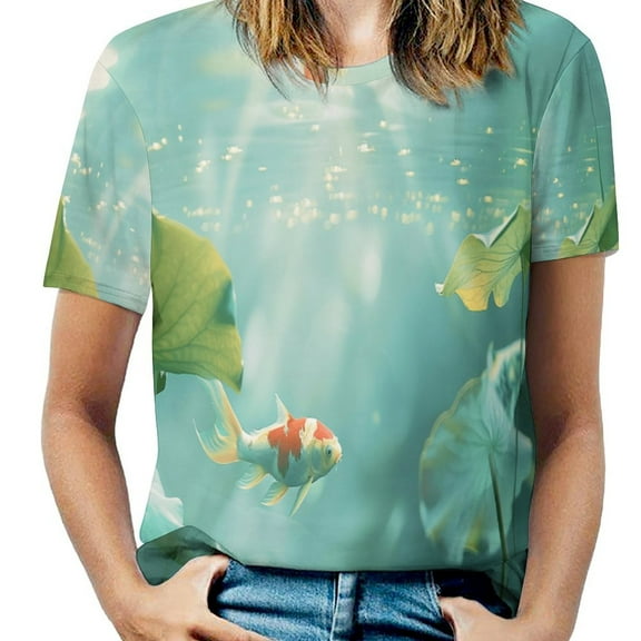 Lucky Koi Fish Lotus Leaf T Shirts Basic T-Shirt Short Sleeve Ladies Tee Shirt Summer Graphic Clothing