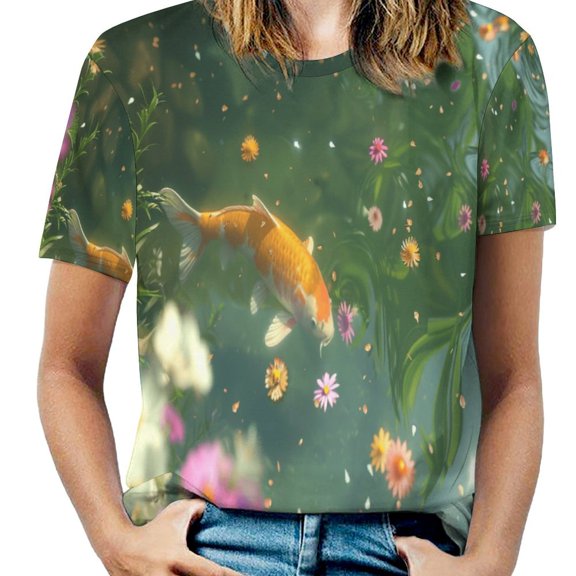 Lucky Koi Fish Lotus Leaf T Shirts Basic T-Shirt Short Sleeve Ladies Tee Shirt Summer Graphic Clothing