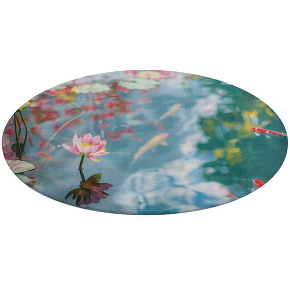 Lucky Koi Fish Lotus Leaf Washable Round Rug -Circle Area Rugs for Nursery Bedroom, Vintage Non Slip Non Shedding Low Pile Carpet for Living Room Coffee Table Entryway