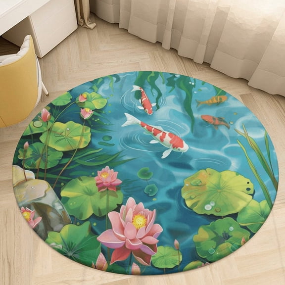 Lucky Koi Fish Lotus Leaf Washable Round Rug -Circle Area Rugs for Nursery Bedroom, Vintage Non Slip Non Shedding Low Pile Carpet for Living Room Coffee Table Entryway