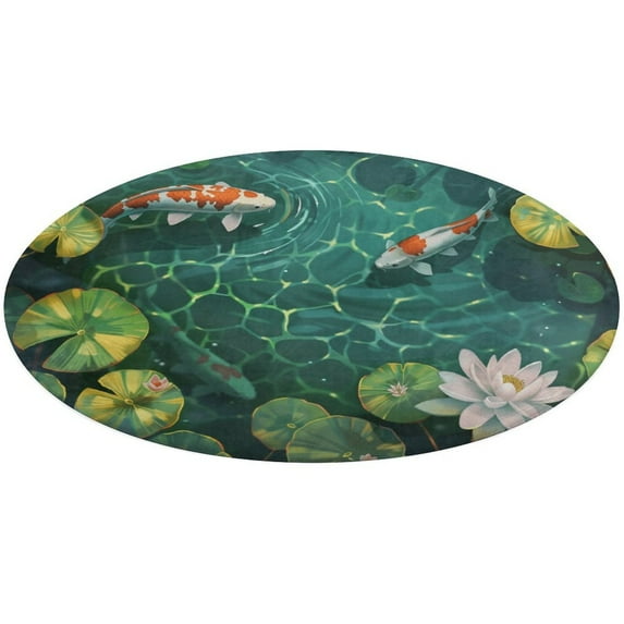 Lucky Koi Fish Lotus Leaf Washable Round Rug -Circle Area Rugs for Nursery Bedroom, Vintage Non Slip Non Shedding Low Pile Carpet for Living Room Coffee Table Entryway