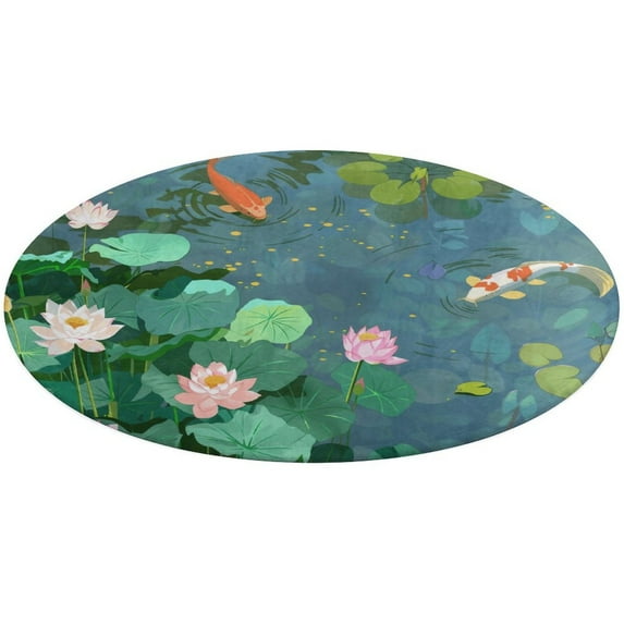 Lucky Koi Fish Lotus Leaf Washable Round Rug -Circle Area Rugs for Nursery Bedroom, Vintage Non Slip Non Shedding Low Pile Carpet for Living Room Coffee Table Entryway