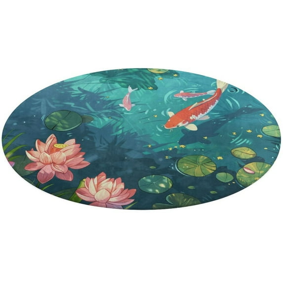 Lucky Koi Fish Lotus Leaf Washable Round Rug -Circle Area Rugs for Nursery Bedroom, Vintage Non Slip Non Shedding Low Pile Carpet for Living Room Coffee Table Entryway