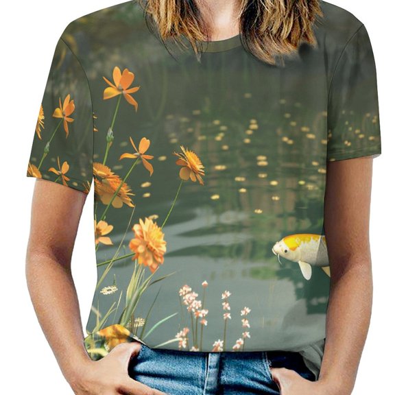 Lucky Koi Fish Lotus Leaf Women's Short Sleeve T-Shirt Crew Neck Casual Summer Trendy Loose Fit Tops