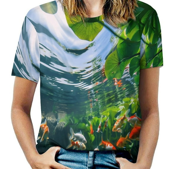 Lucky Koi Fish Lotus Leaf Women's Short Sleeve T-Shirt Crew Neck Casual Summer Trendy Loose Fit Tops