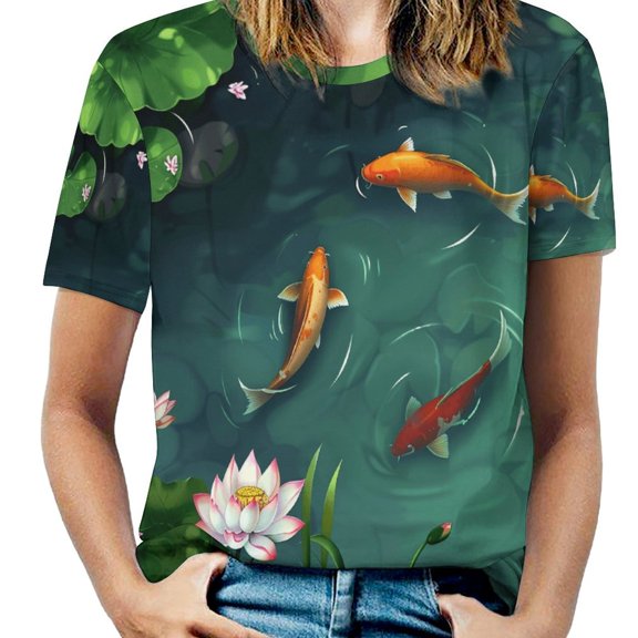 Lucky Koi Fish Lotus Leaf Women's Short Sleeve Tops Casual Blouses T Shirt