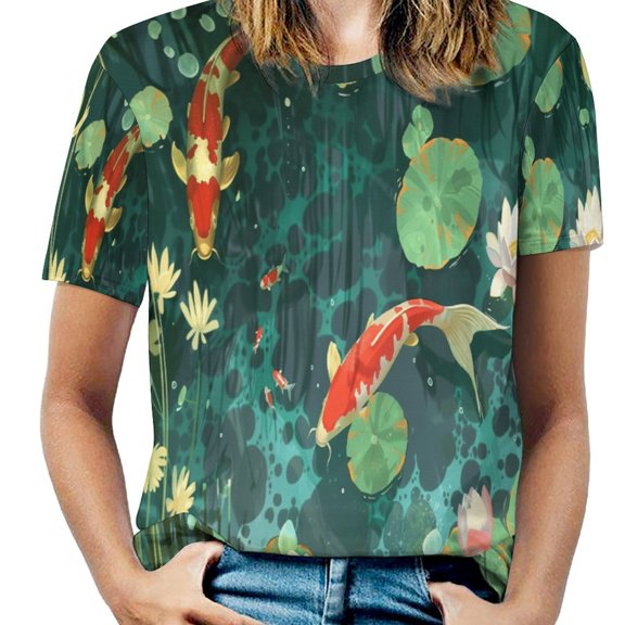 Lucky Koi Fish Lotus Leaf Women's Short Sleeve Tops Casual Blouses T Shirt