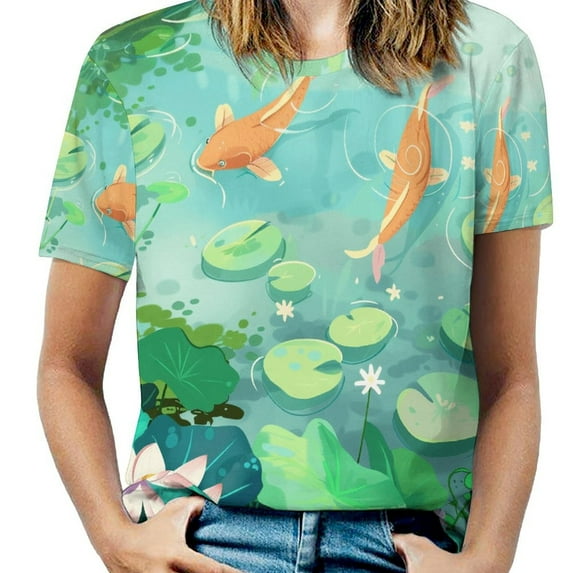 Lucky Koi Fish Lotus Leaf Women's Short Sleeve Tops Casual Blouses T Shirt
