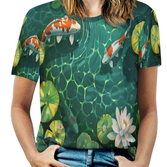 Lucky Koi Fish Lotus Leaf Womens Tops Women's Fashion Casual Short Sleeve Flower Print Round Neck Pullover Top Blouse