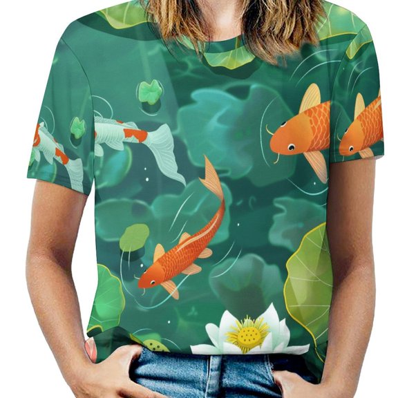 Lucky Koi Fish Lotus Leaf Womens Tops Women's Fashion Casual Short Sleeve Flower Print Round Neck Pullover Top Blouse