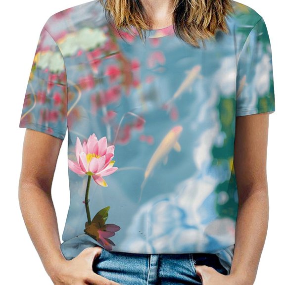 Lucky Koi Fish Lotus Leaf Womens Tops Women's Fashion Casual Short Sleeve Flower Print Round Neck Pullover Top Blouse