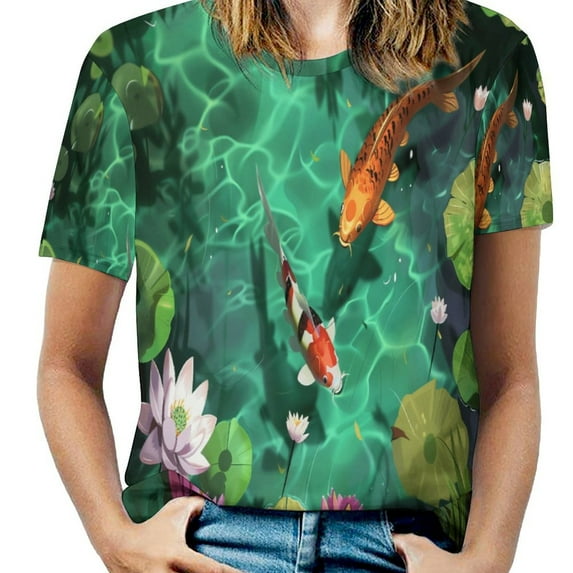 Lucky Koi Fish Lotus Leaf Womens Tops Women's Fashion Casual Short Sleeve Flower Print Round Neck Pullover Top Blouse
