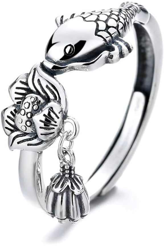 Lucky Koi Fish Statement Rings Sterling Silver 925 Adjustable Antique Lotus Flower Dangling Charm Finger Band Engagement Promise Ring Wedding Bands Fashion Jewelry Gifts for Women Men