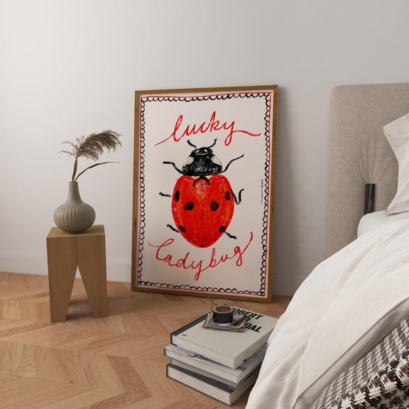 Lucky Ladybug Art Print, Retro Insect Wall Decor, Mid Century Kitchen Illustration, Stretched Canvas Size 8x12
