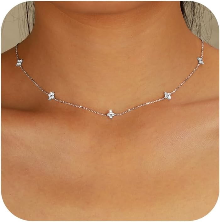 Lucky Leaf Necklace for Women 925 Sterling Silver Trendy 14K Gold Plating Layered Cute White CZ Flowers Pendant Choker Necklaces to Daughter Mom Minimalist Stackable Chain Wedding Prom Brides Jewelry