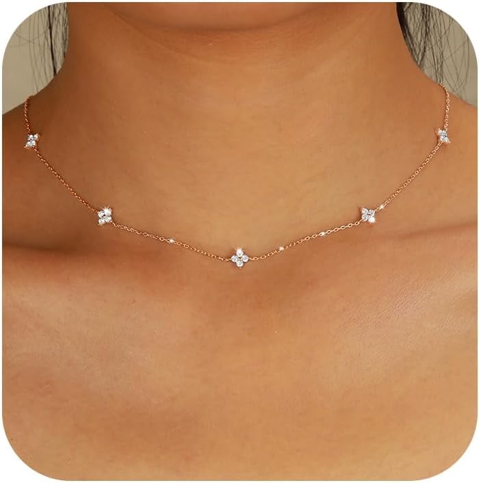 Lucky Leaf Necklace for Women 925 Sterling Silver Trendy 14K Gold Plating Layered Cute White CZ Flowers Pendant Choker Necklaces to Daughter Mom Minimalist Stackable Chain Wedding Prom Brides Jewelry