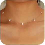 Lucky Leaf Necklace for Women 925 Sterling Silver Trendy 14K Gold Plating Layered Cute White CZ Flowers Pendant Choker Necklaces to Daughter Mom Minimalist Stac