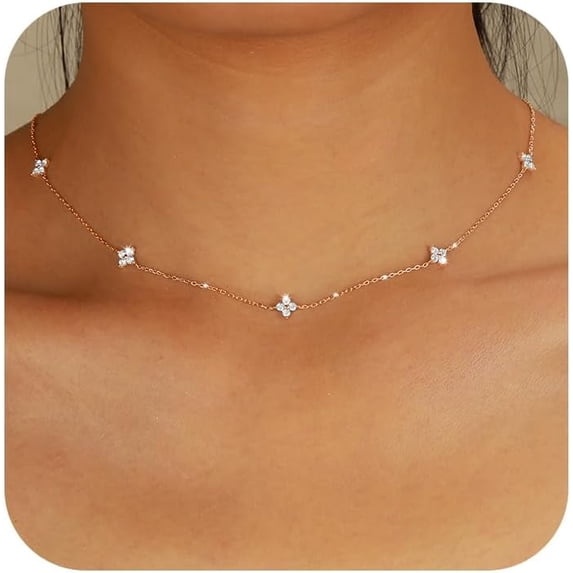 Lucky Leaf Necklace for Women 925 Sterling Silver Trendy 14K Gold Plating Layered Cute White CZ Flowers Pendant Choker Necklaces to Daughter Mom Minimalist Stackable Chain Wedding Prom Brides Jewelry
