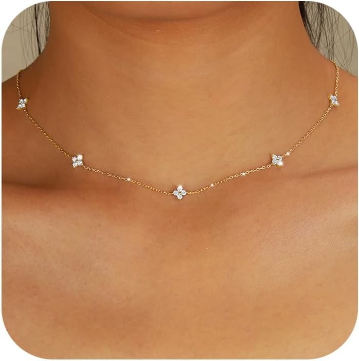 Lucky Leaf Necklace for Women 925 Sterling Silver Trendy 14K Gold Plating Layered Cute White CZ Flowers Pendant Choker Necklaces to Daughter Mom Minimalist Stackable Chain Wedding Prom Brides Jewelry