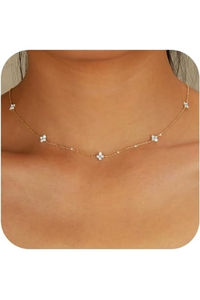 Lucky Leaf Necklace for Women 925 Sterling Silver Trendy 14K Gold Plating Layered Cute White CZ Flowers Pendant Choker Necklaces to Daughter Mom Minimalist Stackable Chain Wedding Prom Brides Jewelry