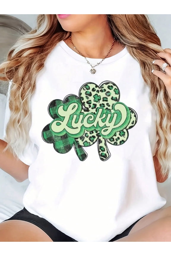 Lucky Leopard Plaid Shamrock Graphic for Women Short Sleeve Casual T-Shirt