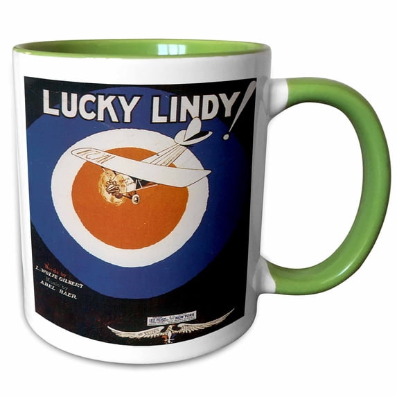 3drose, Lucky Lindy Song Sheet Cover with Airplane by J. Wolfe Gilbert, 11oz Two-tone Green Mug