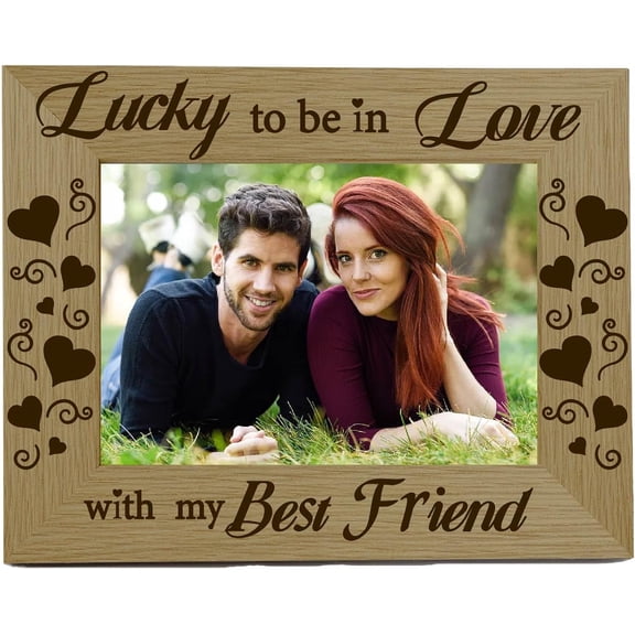 Lucky to be in Love with my Best Friend Picture Frame Wood Photo Engraved Display 4x6 Horizontal Tabletop Postcard Frame for Hanging Wall Home Wedding
